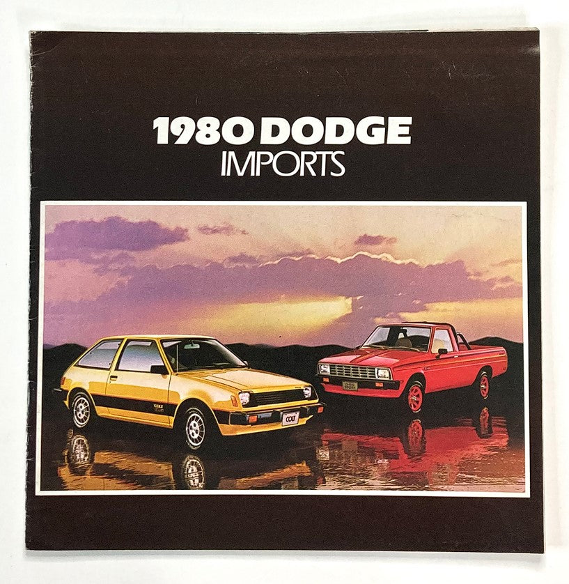 Cover of the 1980 Dodge Imports Dealer Showroom Sales Brochure featuring a yellow hatchback and a red pickup truck against a sunset background. This vintage catalog showcases Dodge's import models and is essential for automotive history enthusiasts.