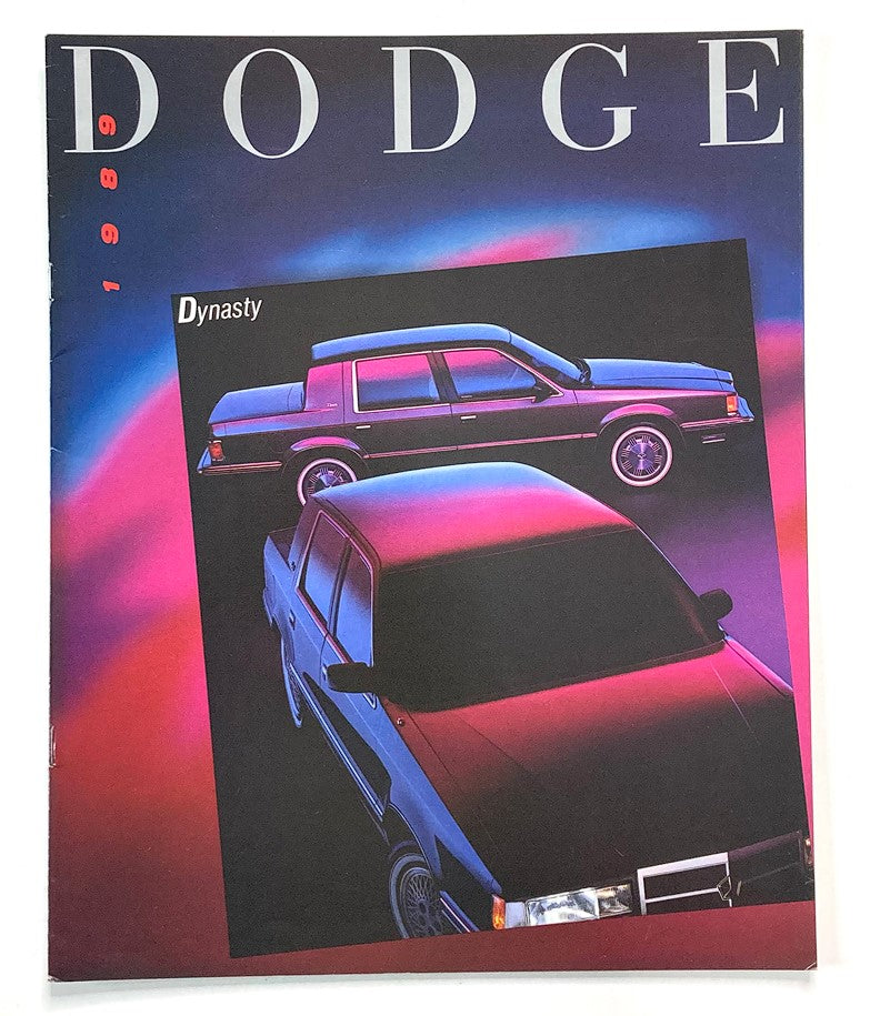 1989 Dodge Dynasty Dealer Showroom Sales Brochure featuring vibrant graphics of the Dodge Dynasty model, showcasing its design and styling.