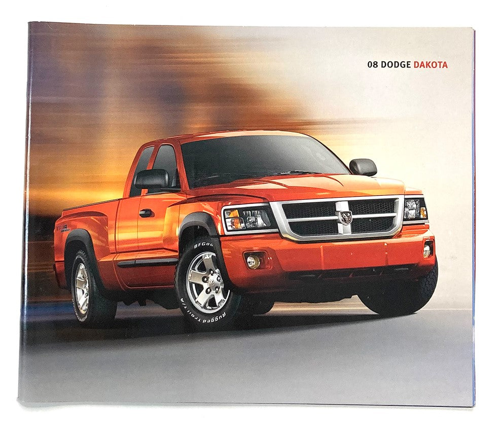 2008 Dodge Dakota Dealer Showroom Sales Brochure with an orange Dodge Dakota truck in the foreground, showcasing the vehicle's design and features.