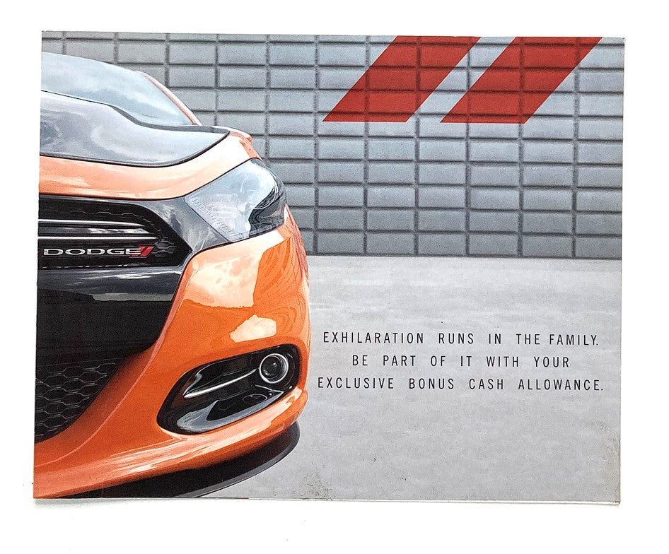 2000s Dodge Dealer Showroom Sales Brochure Guide Catalog featuring a close-up of an orange Dodge vehicle with text about family exhilaration and a bonus cash allowance.