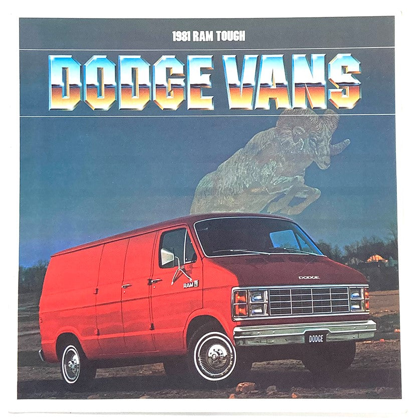 1981 Dodge Vans Dealer Showroom Sales Brochure Guide Catalog featuring a red Dodge van parked in front of a backdrop with a mountain and a bison silhouette, showcasing the vehicle's rugged design.