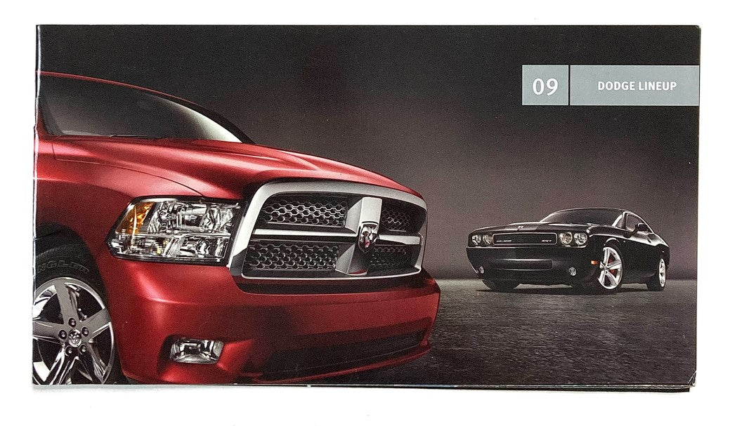 2009 Dodge Lineup Dealer Showroom Sales Brochure featuring a striking red Dodge truck and a sleek black Dodge car, showcasing the vehicle lineup for the year.