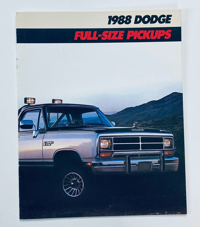 1988 Dodge Full-Size Pickups Dealer Showroom Sales Brochure Guide Catalog featuring a classic Dodge pickup truck showcased against a scenic background.