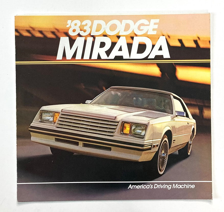 1983 Dodge Mirada Dealer Showroom Sales Brochure showcasing the iconic car with its stylish design against a dynamic background, emphasizing its status as America's Driving Machine.