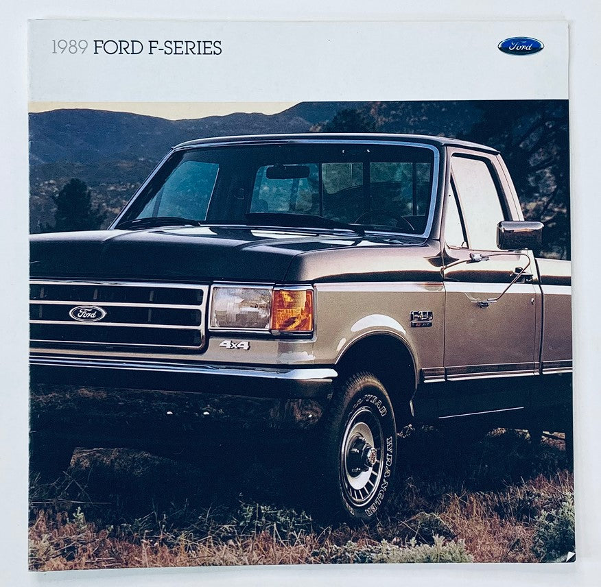 1989 Ford F-Series dealer showroom sales brochure featuring a classic Ford truck in a scenic backdrop. This image highlights the Ford 4x4 model's design, perfect for collectors and automotive enthusiasts.