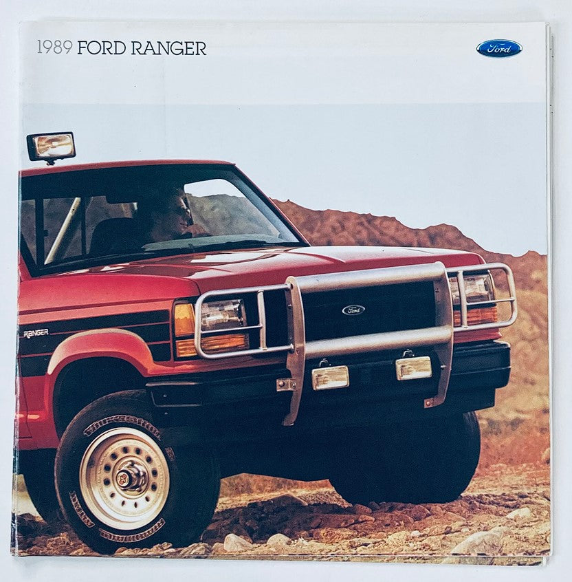 1989 Ford Ranger Dealer Showroom Sales Brochure Guide Catalog showcasing a red Ford Ranger truck in a natural setting, highlighting its rugged design and features.