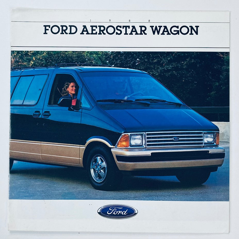 1988 Ford Aerostar Wagon Dealer Showroom Sales Brochure showcasing the front view of a blue Ford Aerostar parked, highlighting its design and features.
