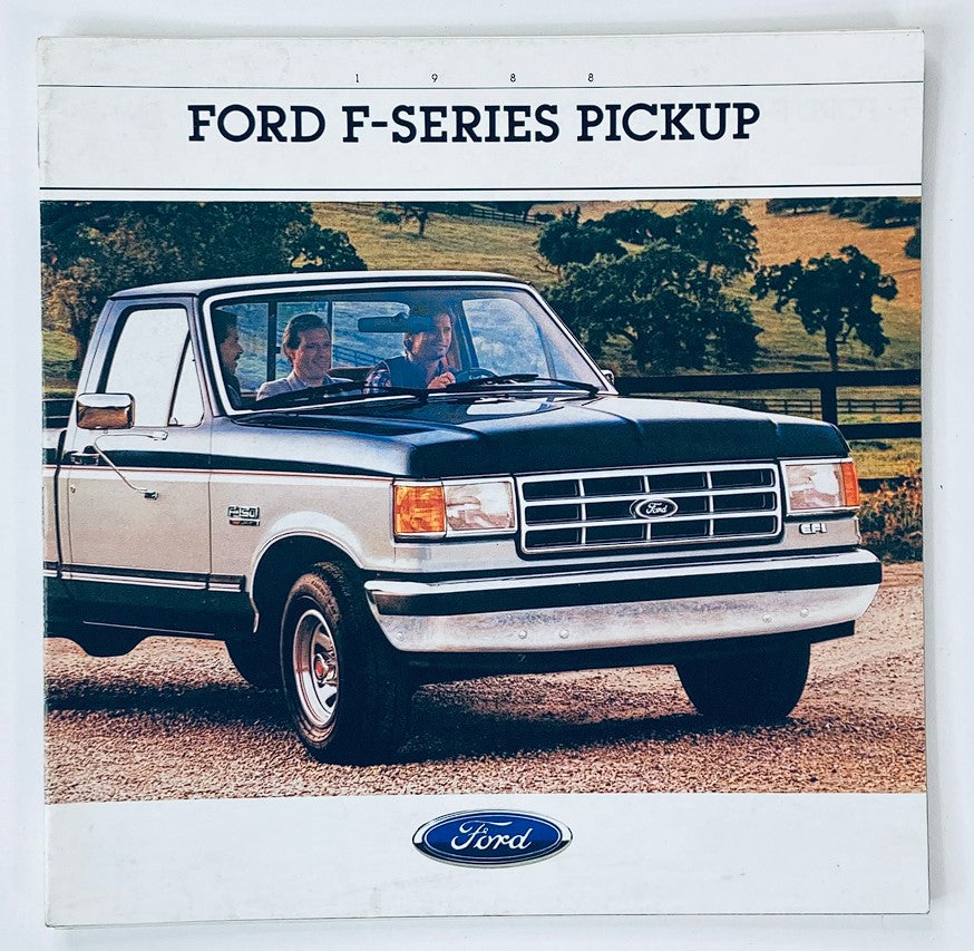 Cover image of the 1988 Ford F-Series Pickup Dealer Showroom Sales Brochure Guide Catalog featuring a black and white pickup truck with passengers.