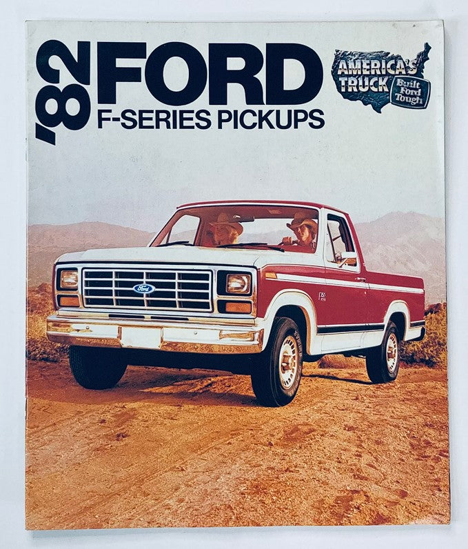 1982 Ford F-Series Pickups Dealer Showroom Sales Brochure Guide Catalog featuring a Ford truck in a desert setting, showcasing the vehicle's rugged design and classic style.