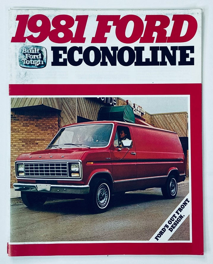 1981 Ford Econoline Dealer Showroom Sales Brochure featuring a red van in front of a building, showcasing the vehicle's design and advertising. A marketing piece for Ford's commercial vehicles.