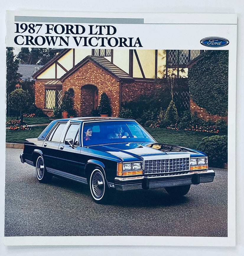 1987 Ford LTD Crown Victoria, a classic American sedan, featured in the dealer showroom sales brochure guide catalog, showcasing its sleek design and elegant lines.