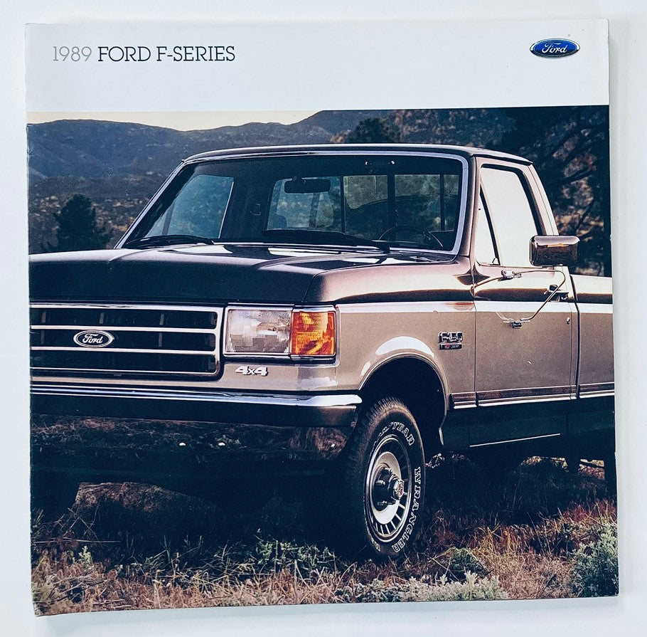 Cover image of the 1989 Ford F-Series Dealer Showroom Sales Brochure, featuring a classic Ford truck in a scenic outdoor setting, highlighting the vehicle's iconic design.