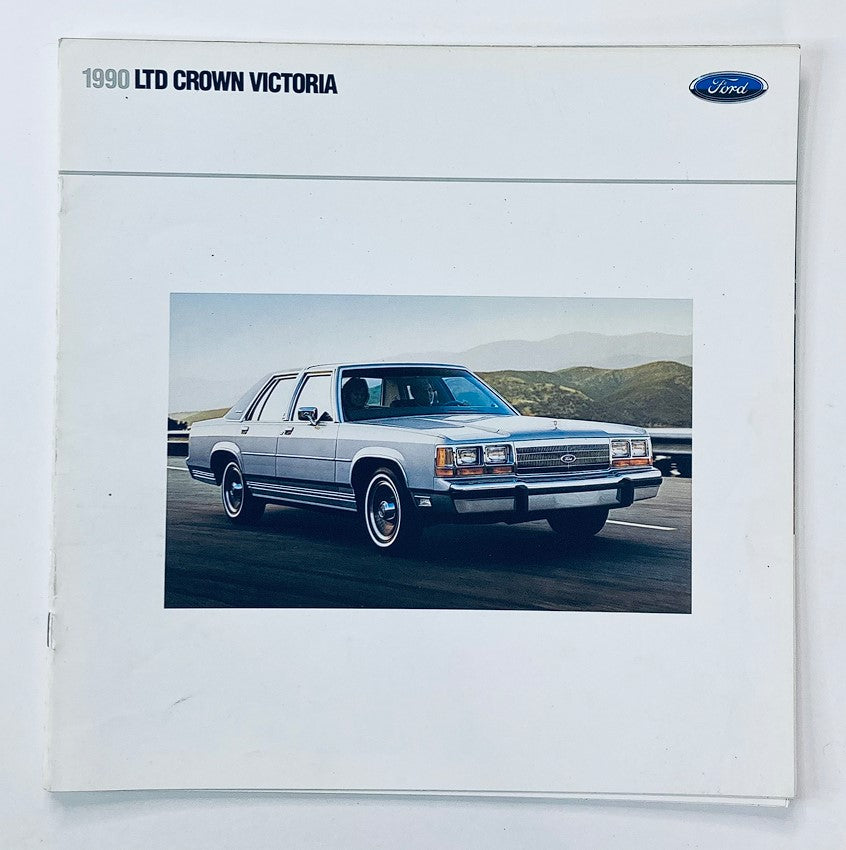 1990 Ford LTD Crown Victoria Dealer Showroom Sales Brochure Guide Catalog featuring the exterior view of a 1990 Ford LTD Crown Victoria against a scenic backdrop.