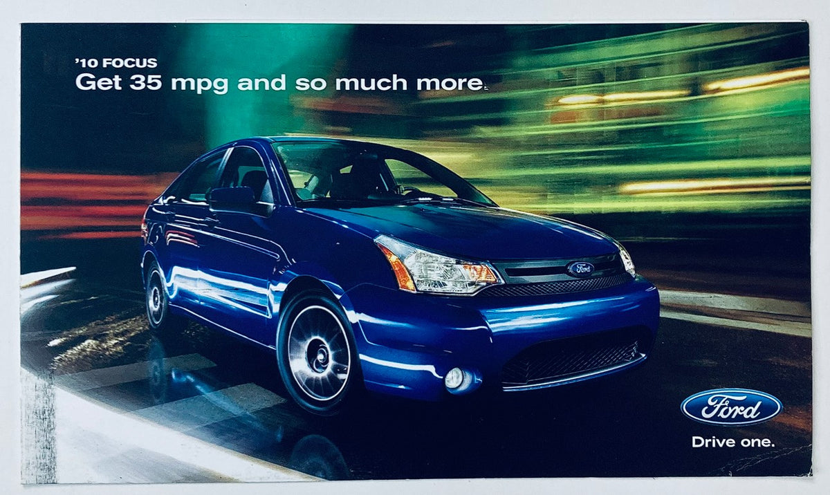 2010 Ford Focus Dealer Showroom Sales Brochure Guide Catalog showcasing a blue Ford Focus on a dynamic background, emphasizing efficiency with 35 mpg.