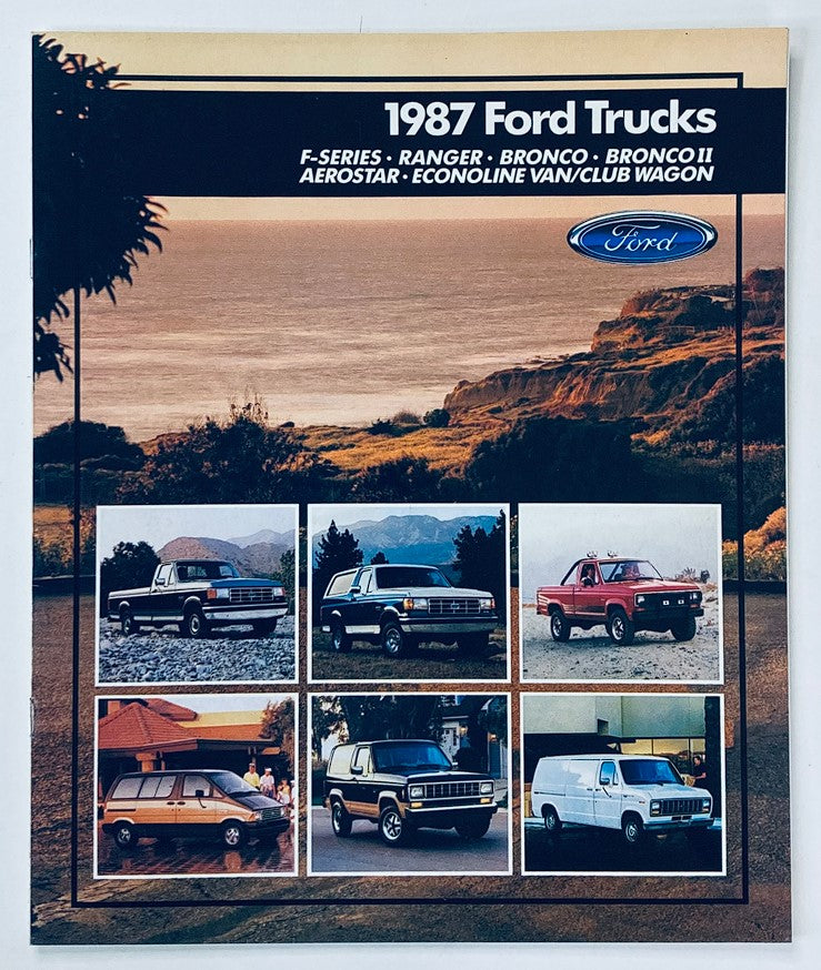 Cover image of the 1987 Ford Trucks Dealer Showroom Sales Brochure Guide Catalog featuring various Ford truck models including F-Series, Ranger, Bronco, Aerostar, and more displayed against scenic landscapes.