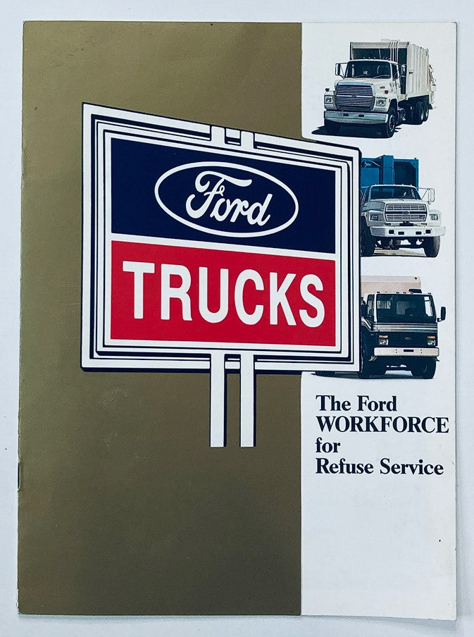 Cover of the 1989 Ford Workforce Trucks Dealer Showroom Sales Brochure Guide Catalog featuring a prominent Ford Trucks logo and images of various Ford trucks, highlighting the Ford Workforce for Refuse Service.