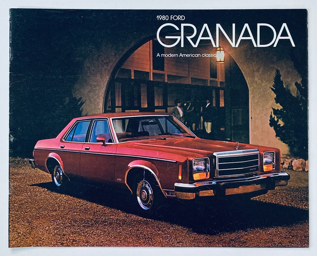 1980 Ford Granada Dealer Showroom Sales Brochure Guide Catalog featuring a red Ford Granada parked in an outdoor setting, showcasing the car's vintage design and classic styling.