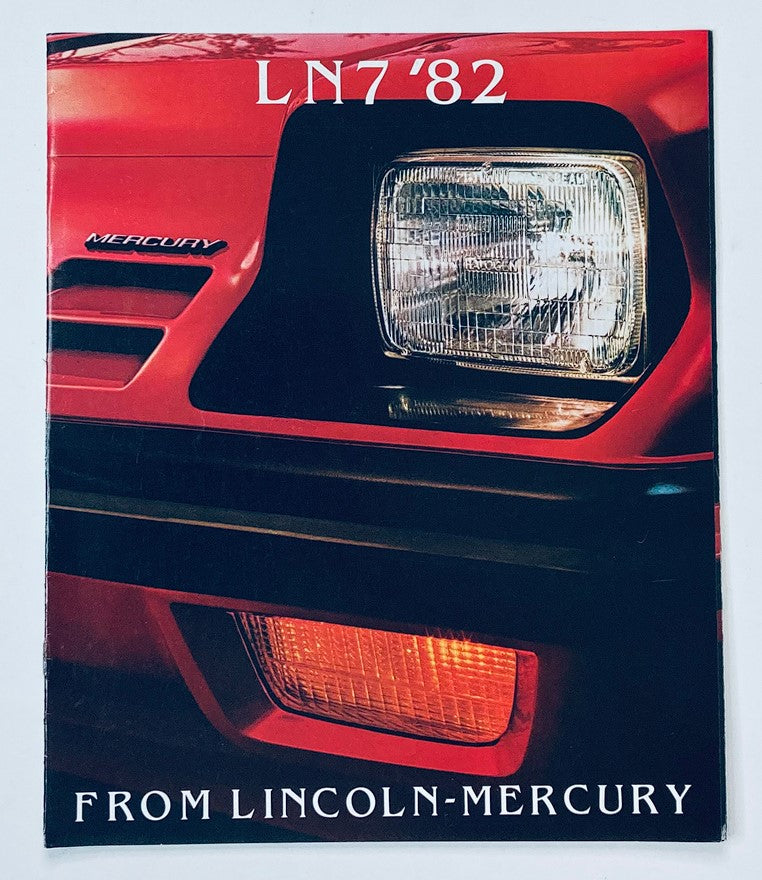 Cover of the 1982 Lincoln-Mercury LN7 Dealer Showroom Sales Brochure Guide Catalog featuring the LN7 model with a close-up view of its distinctive front headlight design.