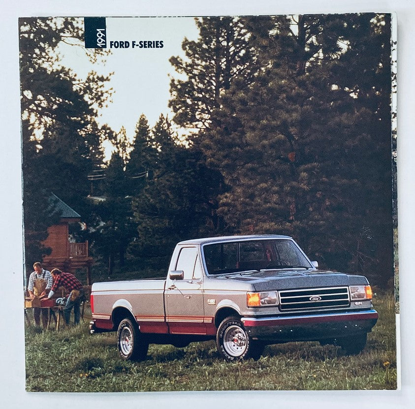 1991 Ford F-Series Dealer Showroom Sales Brochure featuring a Ford truck in a natural setting with people gathered around a picnic area, showcasing the vehicle's design and the outdoors.