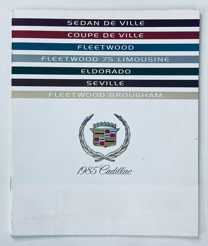 Cover of the 1985 Cadillac Sedan de Ville Dealer Showroom Sales Brochure featuring the Cadillac logo and model titles including 'Sedan de Ville', 'Coupe de Ville', 'Fleetwood', 'Eldorado', and more.