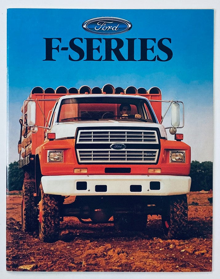 1987 Ford F-Series Dealer Showroom Sales Brochure showcasing a red Ford truck on rugged terrain, emphasizing its robust design and features.