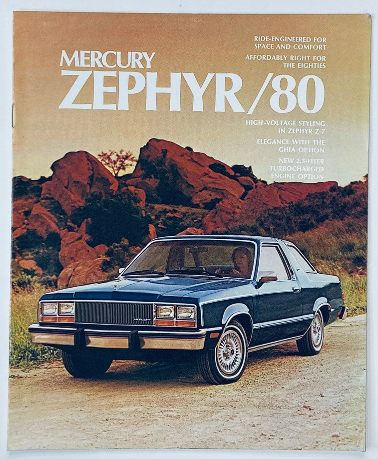 1980 Mercury Zephyr Dealer Showroom Sales Brochure Guide Catalog cover featuring a Mercury Zephyr car, showcasing ride-engineered design for space and comfort with high-voltage styling.