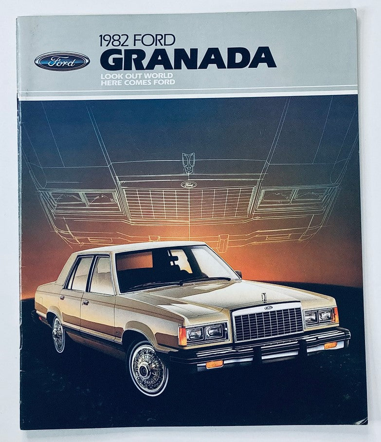 1982 Ford Granada Dealer Showroom Sales Brochure Guide Catalog featuring the classic car in front view with a stylish design and background.