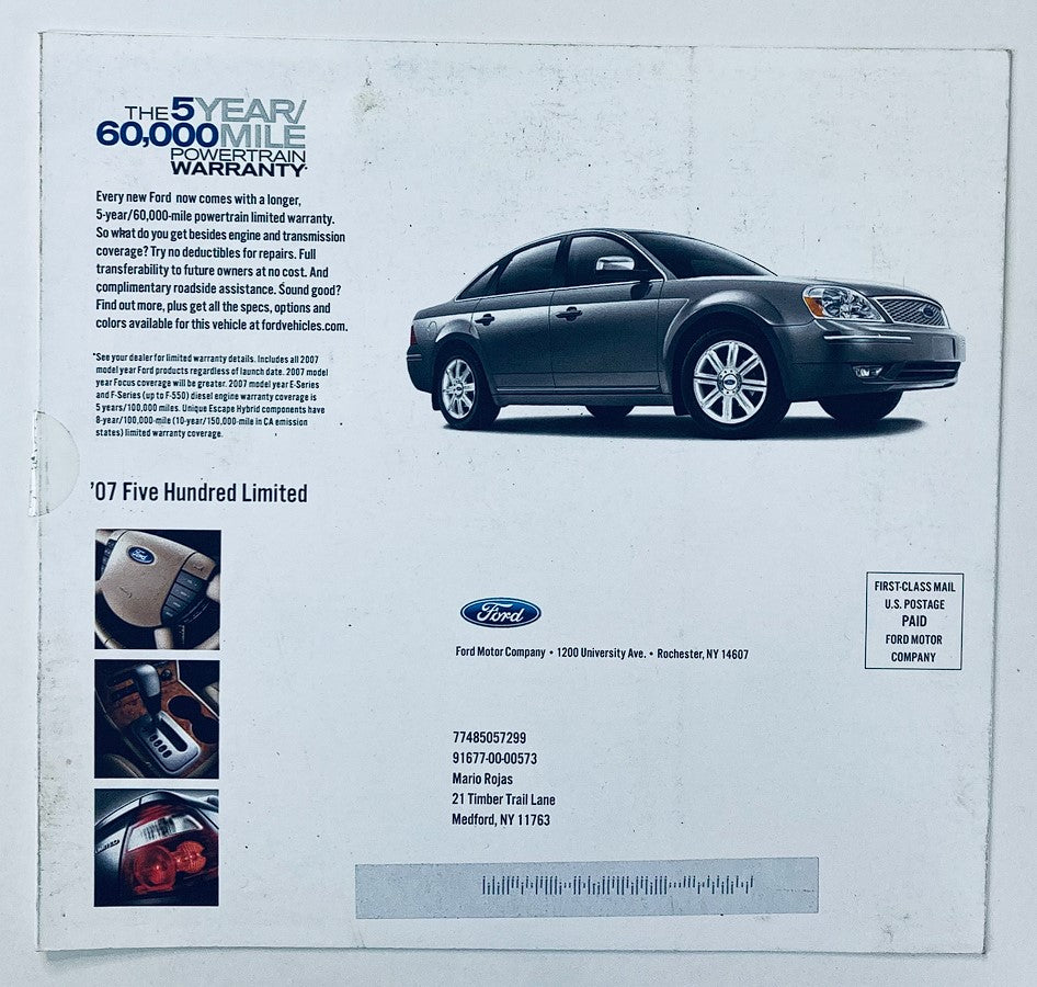 Back cover of the 2007 Ford 500 Limited Dealer Showroom Sales Brochure showcasing the vehicle and warranty information.
