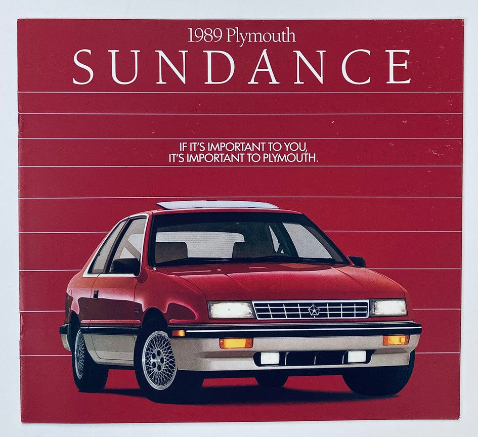 1989 Plymouth Sundance Dealer Showroom Sales Brochure featuring a red Plymouth Sundance car on the cover, with the slogan 'If it's important to you, it's important to Plymouth.'
