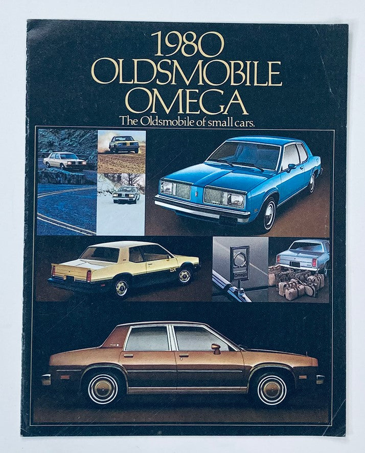 1980 Oldsmobile Omega Dealer Showroom Sales Brochure Guide Catalog featuring various Olds Omega models including a blue sedan, a yellow hatchback, and a brown car, showcasing the elegance and versatility of the Oldsmobile brand.