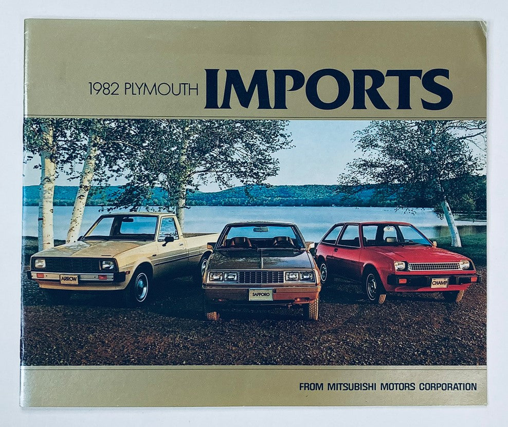 1982 Plymouth Imports Dealer Showroom Sales Brochure Guide Catalog featuring three Plymouth models in front of a lake, showcasing Mitsubishi Motors Corporation design.