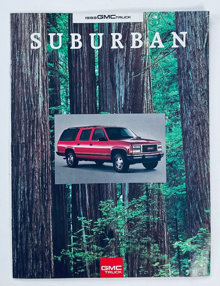 1993 GMC Truck Suburban Dealer Showroom Sales Brochure featuring the Suburban vehicle in a forest setting, showcasing the design and features of this classic SUV.
