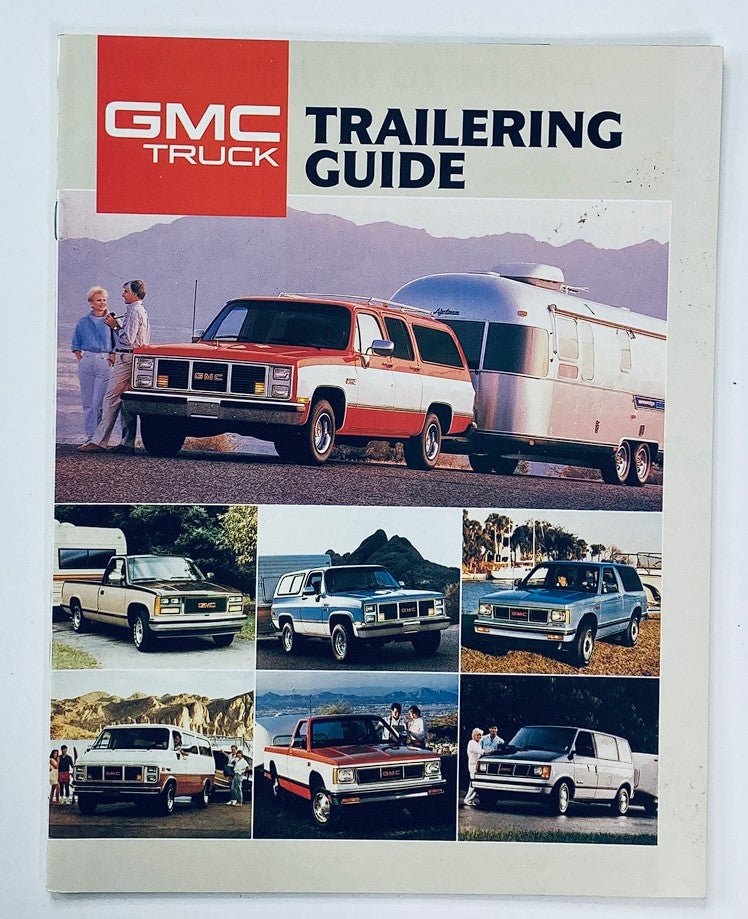 Cover of the 1988 GMC Trailering Dealer Showroom Sales Brochure Guide Catalog featuring various GMC trucks, photos showcasing the vehicles in scenic locations, emphasizing their trailering capabilities and design.