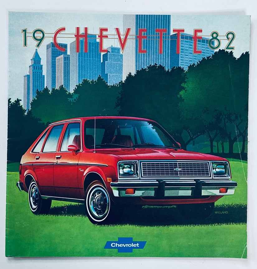1982 Chevrolet Chevette Dealer Showroom Sales Brochure Guide Catalog featuring a red Chevrolet Chevette parked on green grass with a city skyline in the background.