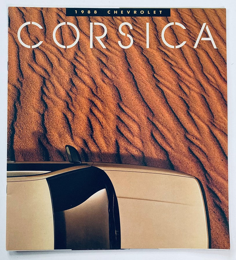 1988 Chevrolet Corsica Dealer Showroom Sales Brochure showcasing an artistic cover design on a textured sand background.