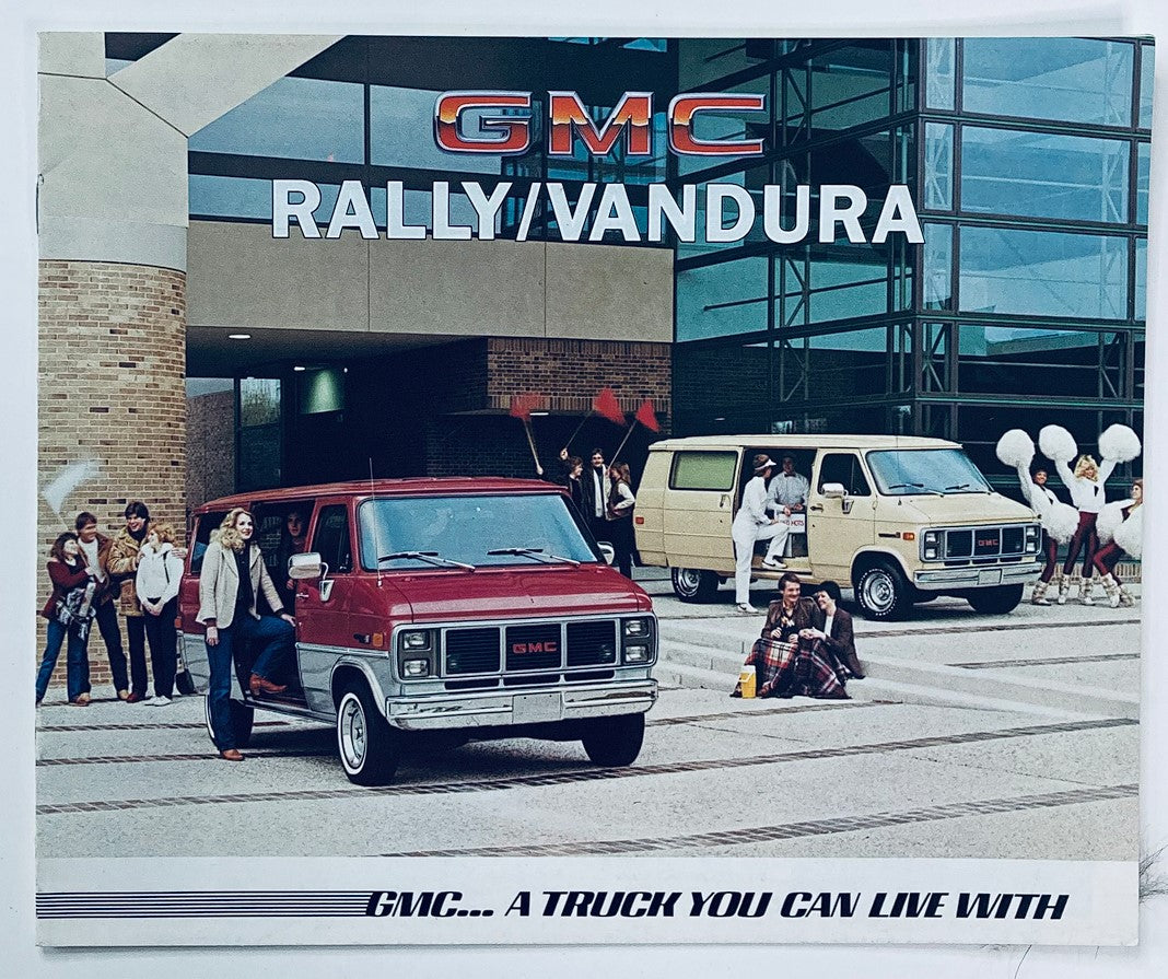 1987 GMC Rally Vandura dealer showroom sales brochure cover featuring GMC vans, showcasing the slogan 'GMC... A Truck You Can Live With' with promotional images of Rally and Vandura models.