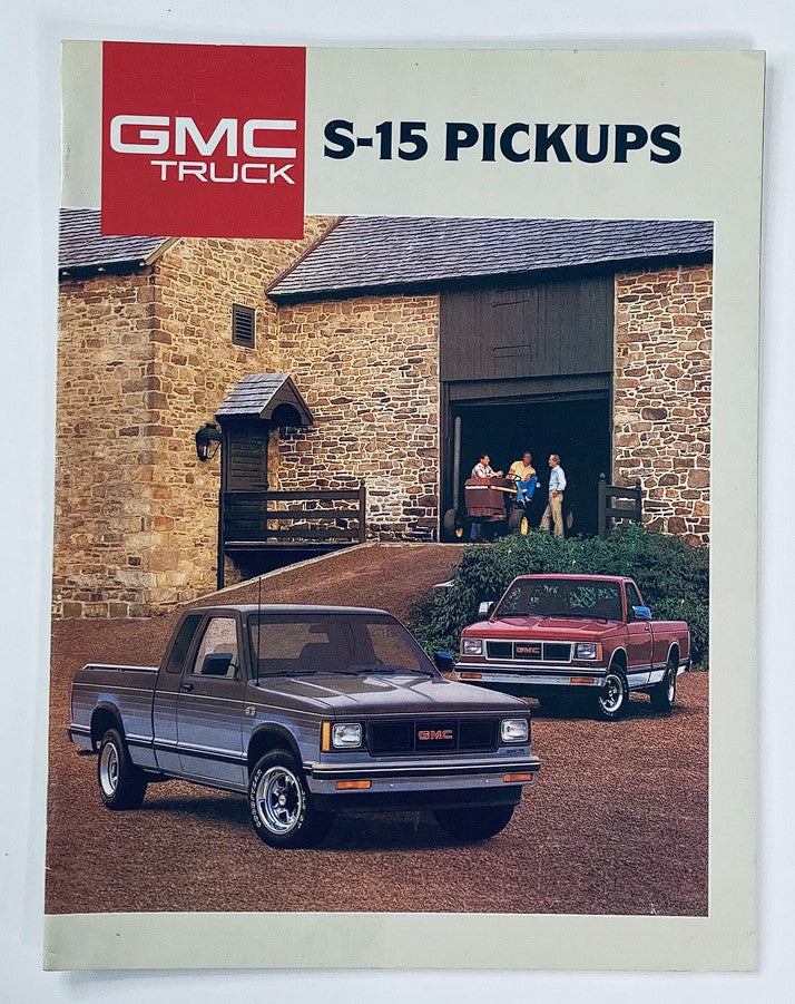 1984 GMC Truck S-15 Pickups Dealer Showroom Sales Brochure Guide Catalog featuring two GMC S-15 pickups in front of a rustic barn setting.