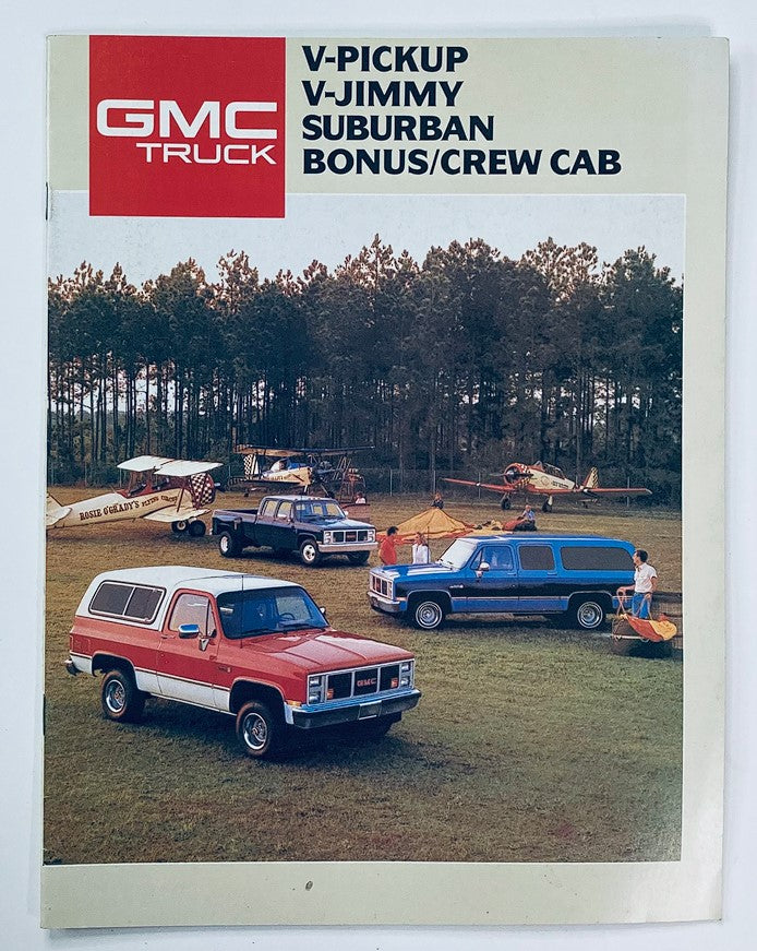 1988 GMC Truck V-Pickup and V-Jimmy Dealer Showroom Sales Brochure Guide Catalog featuring various models including V-Pickup, V-Jimmy, Suburban, and Bonus/Crew Cab displayed outdoors with vintage aircraft.