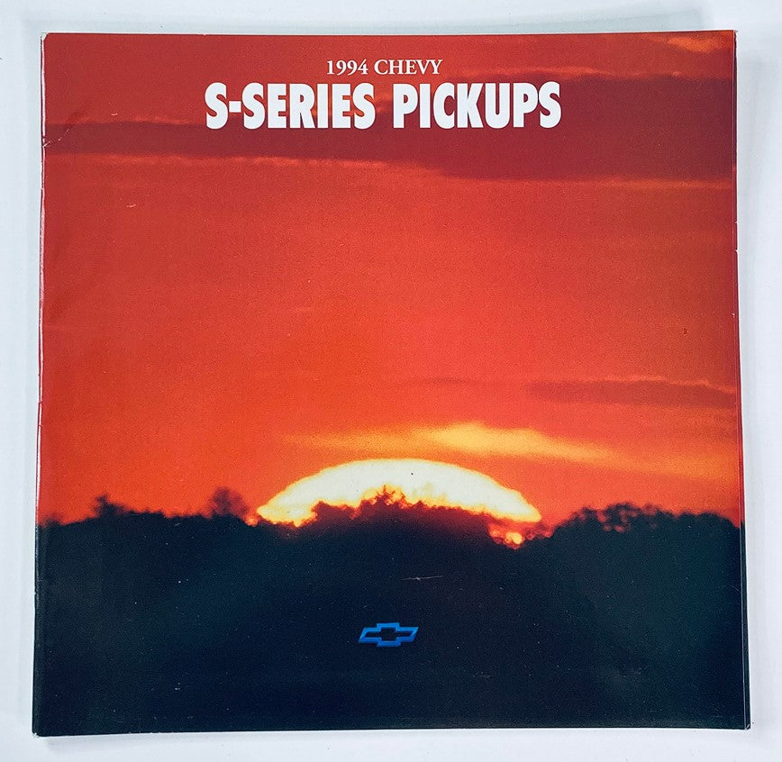 Cover of the 1994 Chevrolet S-Series Pickup Dealer Showroom Sales Brochure Guide Catalog featuring a sunset backdrop, highlighting the Chevy logo.