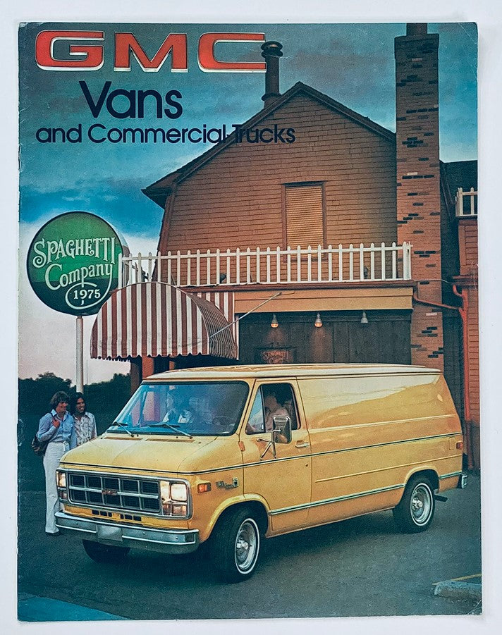 Front cover of the 1978 GMC Vans & Commercial Trucks Dealer Showroom Sales Brochure Guide Catalog featuring a yellow GMC van and a retro setting.