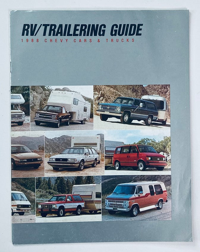 1988 Chevrolet RV / Trailering Dealer Showroom Sales Brochure Guide Catalog featuring a collage of various Chevy cars and trucks including RVs and vans.
