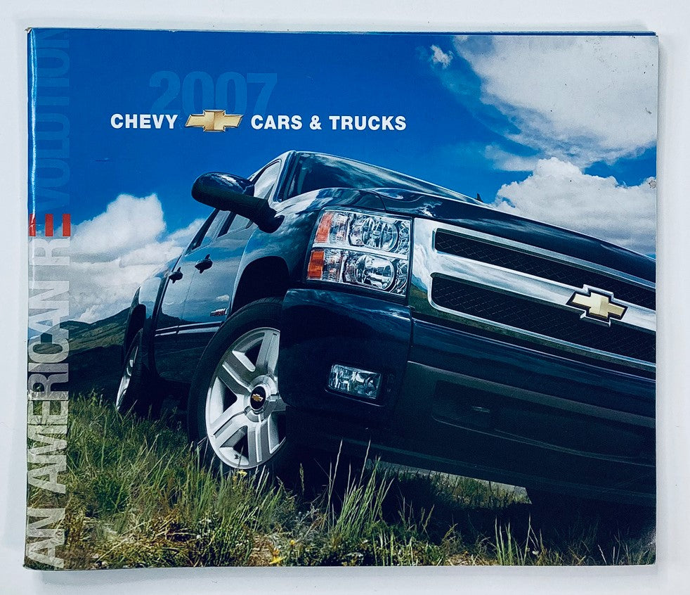 2007 Chevrolet Cars & Trucks Dealer Showroom Sales Brochure featuring a black Chevrolet truck on a scenic background, showcasing the iconic Chevrolet logo.