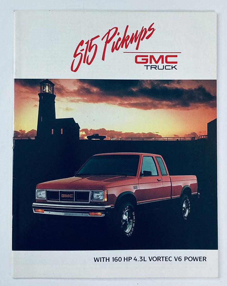 1989 GMC Truck S-15 Pickups Dealer Showroom Sales Brochure featuring a red S-15 Pickup truck with a lighthouse in the background. The brochure highlights the vehicle's 160 HP 4.3L V6 Power.