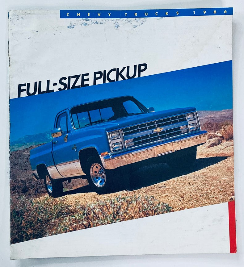 1986 Chevrolet Full-Size Pickup Dealer Showroom Sales Brochure Guide Catalog cover featuring a blue Chevrolet pickup truck against a scenic backdrop, showcasing the design and cultural significance of classic trucks.