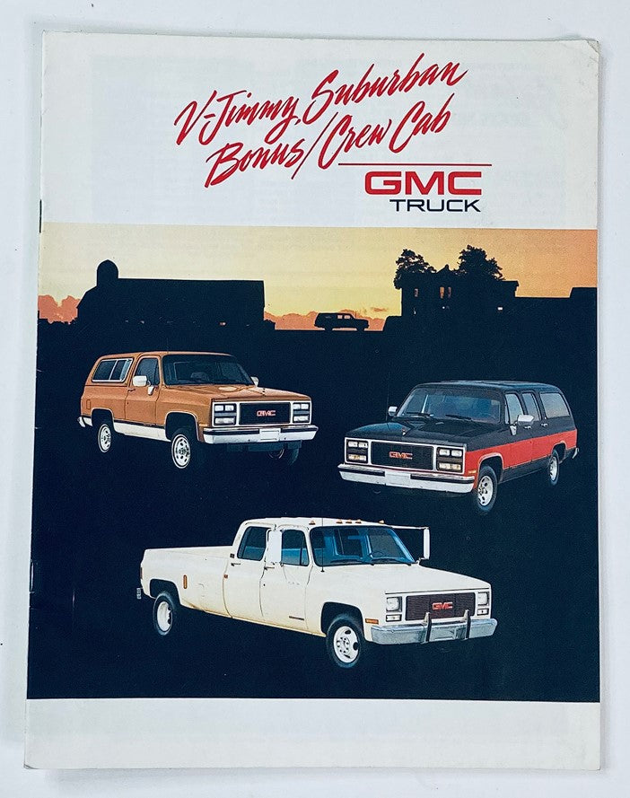 1989 GMC Truck V-Jimmy Suburban Dealer Showroom Sales Brochure featuring images of V-Jimmy, Suburban, and Bonus Crew Cab models, showcasing vintage GMC truck designs.
