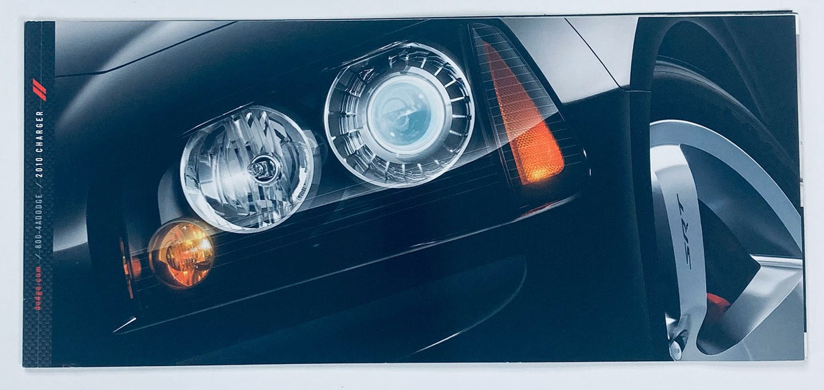 2010 Dodge Charger Dealer Showroom Sales Brochure showcasing the sleek headlight design and front detail of the iconic muscle car.