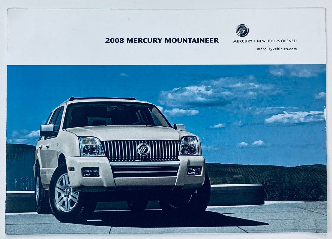 2008 Mercury Mountaineer Dealer Showroom Sales Brochure featuring a luxurious beige SUV against a scenic backdrop, showcasing the vehicle's design and branding.