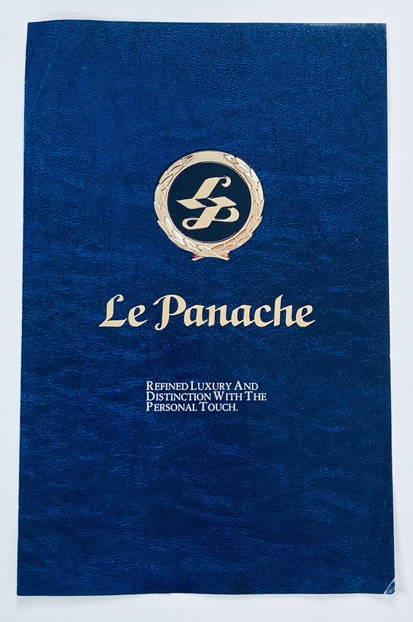 1990s Le Panache Dealer Showroom Sales Brochure Guide Catalog showcasing refined luxury with a blue textured cover featuring the Le Panache logo and the tagline 'Refined Luxury and Distinction with the Personal Touch.'