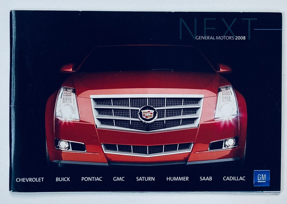 2008 GM Pontiac, GMC, Saturn Dealer Showroom Sales Brochure Guide Catalog featuring a striking red Cadillac vehicle on the cover, showcasing the General Motors logo and emphasizing the brands Chevrolet, Buick, Pontiac, GMC, Saturn, Hummer, Saab, and Cadillac.