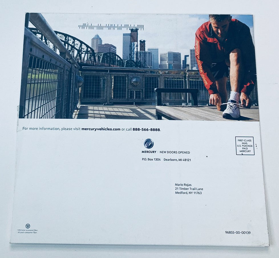 Back cover of the 2007 Mercury Grand Marquis Dealer Showroom Sales Brochure Guide Catalog, displaying an athlete in sporty attire near urban architecture, symbolizing the vehicle's blend of comfort and modern lifestyle.
